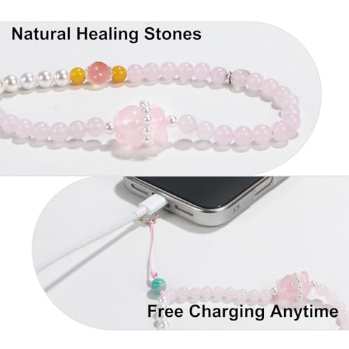 TEAMOLA Natural Stone Phone Charm - Crystal Phone Beaded Wrist Strap - color: Pink-Charm