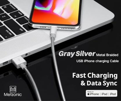 MFi Certified Metal Braided Charger Cable 6.6ft Stainless Steel Chew Proof Lightning Cord with Short-Circuit Resistant Coating, Fast Charging & Data Sync for iPhone 14/13/12/11/X/iPad