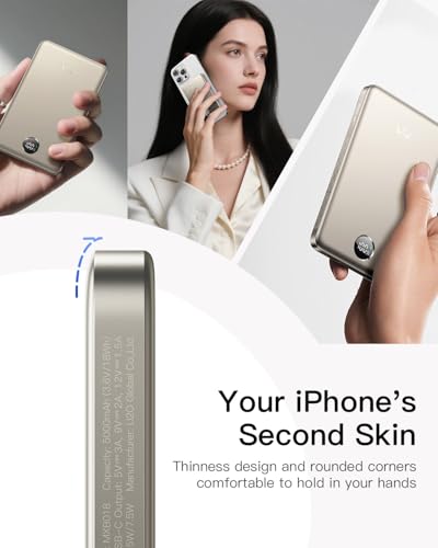 iWALK Magnetic Portable Charger, 5,000mAh Ultra-Slim Wireless Power Bank, 0.37in Thin, Weighs 4oz, LED Display, Compatible with iPhone 18/17/16/15/14/13 Series, Starlight - color: Starlight, size: 5000mAh