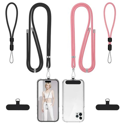 takyu 2 Pack Adjustable Cell Phone Lanyard & 2 Pack Phone Wrist Strap with Tether Tabs Compatible for iPhone Android Smartphones - Black Pink - color: Black+pink
