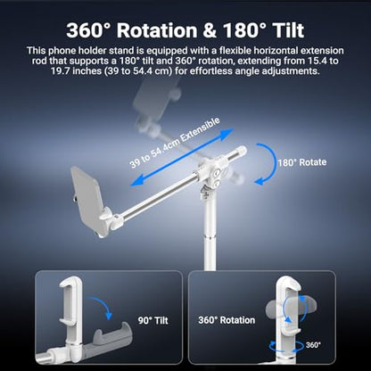 NEEWER Basics Phone Floor Stand with Horizontal Extension Arm, Adjustable Cell Phone Holder Clamp Mount Compatible with iPhone Samsung for Video Recording Bed Lying Down, Weighted Base, ST009 White