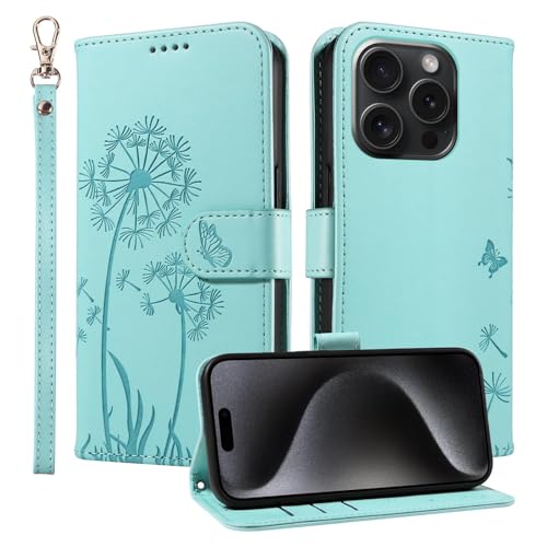 Wallet Case for iPhone 15 Pro with Wrist Strap Butterfly Flower Pattern Card Holders Slots Case Premium PU Leather Kickstand Magnetic Closure Shockproof Protective Flip Folio Cover