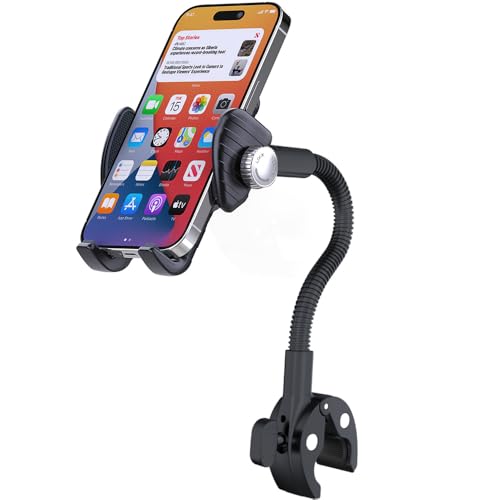 Phone Holder Spin Bike Mount, Goosencek Handlebar Clamp Holder Fit Peloton, Treadmill, Wheelchair, Indoor Exercise Bicycle, Mic Stand, Scooter, Stroller - Fit iPhone 15 Pro 14 13 & All 4-7" Cell Phone