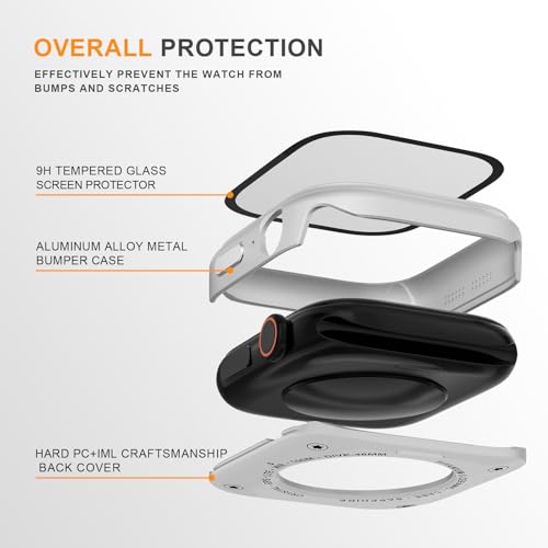 Aluminum Rugged Case for Apple Watch Series 10/11 46mm, Built-in Tempered Glass with Back Cover, Ultra Thin Shockproof Metal Bumper Raised Edge Protection, Silver - color: Silver, size: 46mm