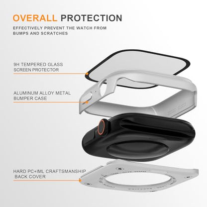 Aluminum Rugged Case for Apple Watch Series 10/11 46mm, Built-in Tempered Glass with Back Cover, Ultra Thin Shockproof Metal Bumper Raised Edge Protection, Silver - color: Silver, size: 46mm