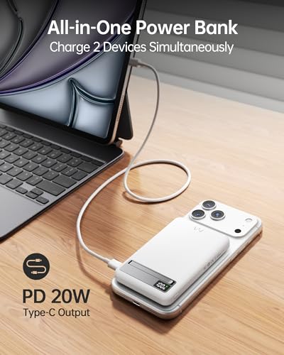 iWALK MagSafe-Compatible Magnetic Wireless Power Bank, 10000mAh Slim Portable Charger with 20W PD Fast Charging Cable, Metal Kickstand and LED Display, Compatible with iPhone 18/17/16/15/14/13/12 - color: White