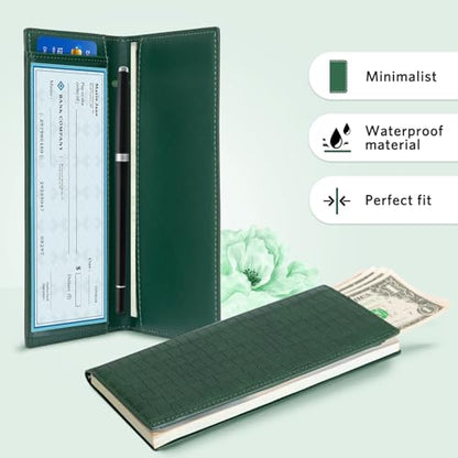 CoBak Checkbook Cover for Women & Men - PU Leather Case with RFID Blocking | Classic Design Check Book Holder for Personal and Business - color: Crocodile Pine Green