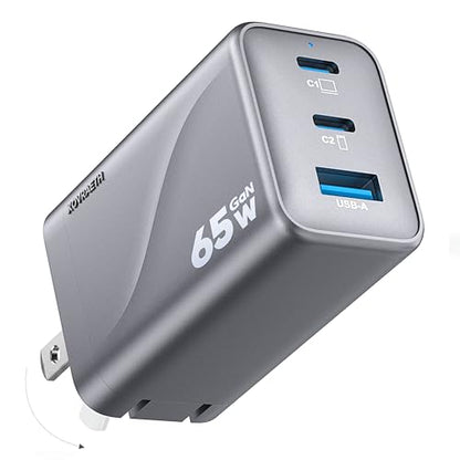 Super Fast 65W GaN USB-C 3-Port Foldable Charger for Samsung S26 Ultra/S26/S26+/S25 Ultra/S25/S24 Ultra/S24/S23 Ultra/S22 Ultra, iPhone 17/16/15/14/13/12, MacBook Pro/Air & iPad Pro(Silver Gray) - color: 5Silver Gray S