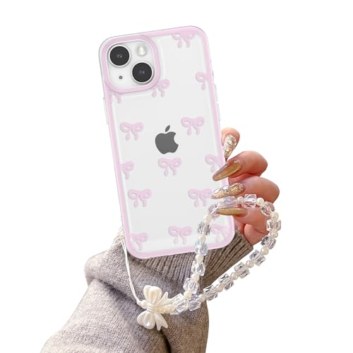 EYZUTAK Case for iPhone 13, Clear Cute Ribbon Bowknot Aesthetic Phone Case with Charm Bracelet Chain Raised Camera Protection Stylish Soft Durable TPU Protective Cover for Women Girls - Pink - color: Pink, size: iPhone 13