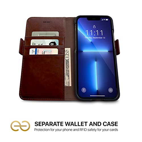 Dreem Vegan Leather Magnetic Detachable Wallet Case for iPhone 13 Pro Max | Built-in Phone Stand, RFID Blocking Card Holder Flip Cover, MagSafe Compatible, Gift Box [Fibonacci: Coffee] - color: Coffee, size: iPhone 13 Pro Max