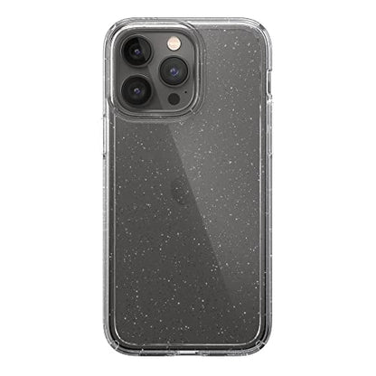 Speck Clear iPhone 14 Pro Max Case - Drop Protection with Scratch Resistant Dual Layer Slim Phone Case for 6.7 Inch iPhones 14 Pro Max - Anti-Yellowing & Anti-Fade Case - Platinum Glitter GemShell - color: Clear/Clear W/Platinum Glitter