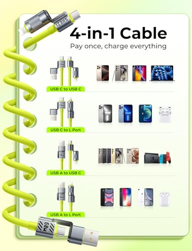 4 in 1 Coiled USB C Cable for Car, 60W USBA/C to Lightning/USBC Cable Combo - color: Green, size: 60W, style: Coiled Cable