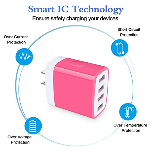 Charging Block, USB Plug, HOOTEK 4.8A 4-Muti Port USB Wall Charger Brick - color: rose-red