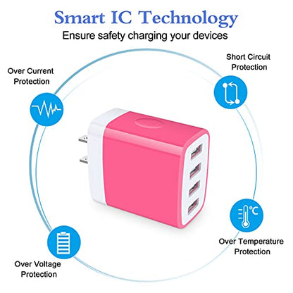 Charging Block, USB Plug, HOOTEK 4.8A 4-Muti Port USB Wall Charger Brick - color: rose-red