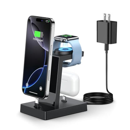 30W Fast 3 in 1 Charging Station for Apple Devices - ADADPU USB C Charger Stand for iPhone 18 Pro Max 17 16 15 & AirPods 4, Wireless Charger Dock Compatible with Apple Watch Ultra/10/9/8/7/6/5/4/3/SE - color: Classic Black