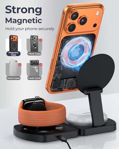 Foldable 3-in-1 Wireless Charging Station for iPhone, Magsafe Stand - color: Apple Grey