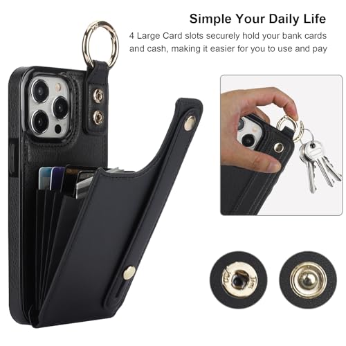 Folosu for iPhone 15 Pro Max Wallet Case with Card Holder, Hand Wrist Strap Loop Holder Kickstand, RFID Blocking Finger Grip Ring PU Leather Double Buttons Shockproof Cover 6.7" Black - color: Black