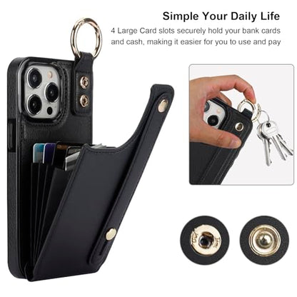 Folosu for iPhone 15 Pro Max Wallet Case with Card Holder, Hand Wrist Strap Loop Holder Kickstand, RFID Blocking Finger Grip Ring PU Leather Double Buttons Shockproof Cover 6.7" Black - color: Black