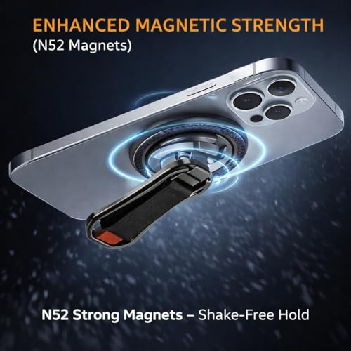 Mizi [2025 Upgraded] Magnetic Phone Holder with 360° Rotating Stand – 4-in-1 Grip Strap Compatible with iPhone 12–16, Samsung, Pixel – Strong Magnet, Kickstand, Wireless Charging – Black