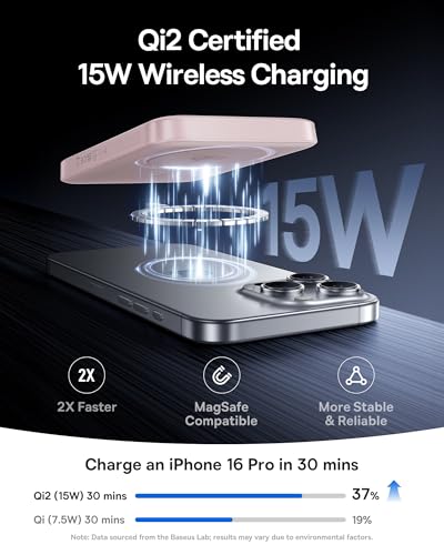 Baseus for MagSafe Portable Charger, Qi2 Certified 15W Wireless Magnetic Power Bank 10000mAh with USB-C Cable 22.5W PD Charging, Battery Pack Compatible with iPhone 17/16/15/14/13 Pro/Pro Max Series - color: Pink