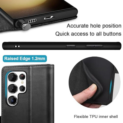 KEZiHOME Genuine Leather Wallet Case for Samsung Galaxy S24 Ultra Black | Black, RFID Blocking Card Slot, Kickstand, Magnetic Protective Phone Folio Cover, Compatible with Galaxy S24 Ultra - color: Black