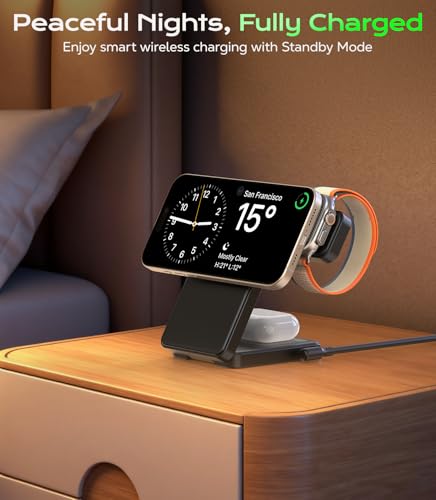 Meifigno 3 in 1 Foldable Wireless Charger for Apple Multiple Devices, Black - color: Black