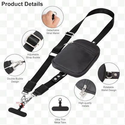 3-in-1 Clip And Go Phone Strap Crossbody With Detachable Wallet, RFID Blocking, Adjustable Anti-Theft Phone Lanyard - color: Black