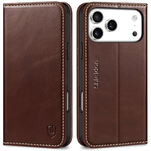 SHIELDON Leather Case Wallet for iPhone 17 Pro Max 6.9" 2025, Retro Coffee | Genunine Leather, Flip Magnetic Cover, Kickstand, RFID Blocking, 3 Credit Card Holder, Shockproof, Soft Inner Phone Case - color: Retro Coffee