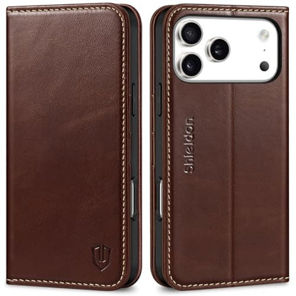 SHIELDON Leather Case Wallet for iPhone 17 Pro Max 6.9" 2025, Retro Coffee | Genunine Leather, Flip Magnetic Cover, Kickstand, RFID Blocking, 3 Credit Card Holder, Shockproof, Soft Inner Phone Case - color: Retro Coffee