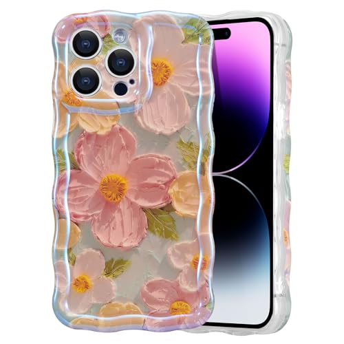EYZUTAK Case for iPhone 14 Pro Max, Colorful Oil Painting Flower, Green | Laser Glossy Floral Pattern, Cute Curly Wave Edge, Exquisite Phone Cover, Stylish Durable TPU Protective Case for Girl Women - color: Green, size: iPhone 14 Pro Max