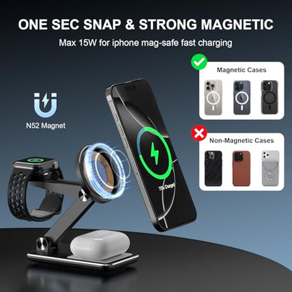 Wireless Charger 3 in 1,Foldable Wireless Charging Station for Apple MagSafe Charger,Aluminum Portable Magnetic Travel Charger Stand for iPhone,Watch,Aipods (with 20W Adapter & Case) - color: Black