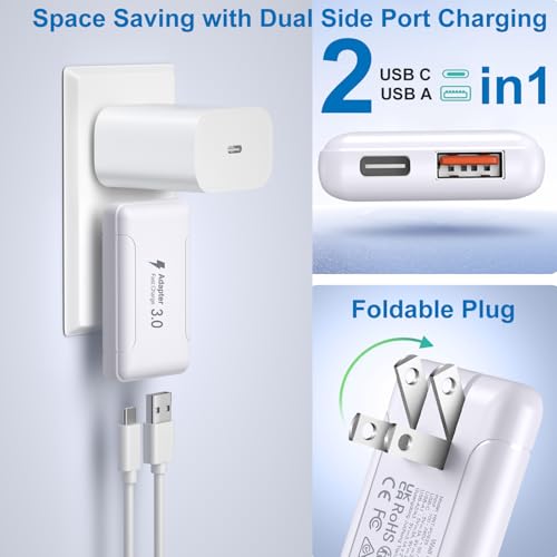 Slim Flat USB C Wall Charger, Costyle 2 Pack 50W USB A & USB C Charger Block Quick Fast Charge 3.0 Charging Block Brick with Foldable Plug Adapter for iPhone 17 16 15 14 13 12 Pro Max Pad Air(White) - color: White