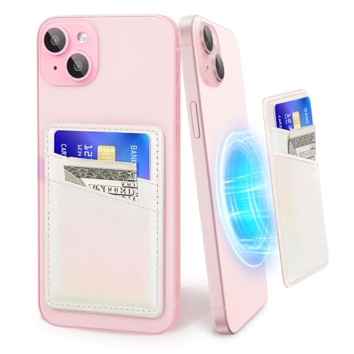 SHANSHUI Magnetic Wallet Compatible for Magsafe, PU Leather Power Magnet Card Holder for Back of Phone Wallet 2 Card Slots Compatible for iPhone 15/14/ 13/12 Series - color: WhiteRainbow