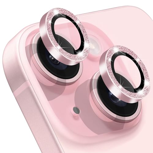 Compatible with iPhone 15 & 15 Plus Camera Lens Protector, Bling Glitter 9H Tempered Glass Camera Cover Anti Scratch Shockproof Screen Protector Individual Metal Lens Ring - 2PCS Glitter Pink - color: Pink Glitter