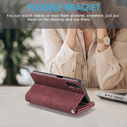 EYZUTAK Wallet Phone Case for Samsung Galaxy A16 4G/5G, Retro Matte 9 Card Holder Slots Zipper Pocket Handbag Case PU Leather Magnetic Closure Kickstand with Wrist Strap Flip Purse Case - Wine Red - color: Wine Red, size: Samsung Galaxy A16 4G/5G