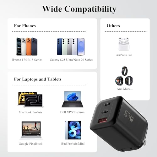 Minthouz 67W GaN Charger, 3-Port Fast Charging Power Adapter with Type-C & USB-A, for iPhone 17/16/15, iPad Pro, MacBook Air/Pro, Galaxy S25/S24, Google Pixel, Compact Travel Charger with 3.9FT Cable