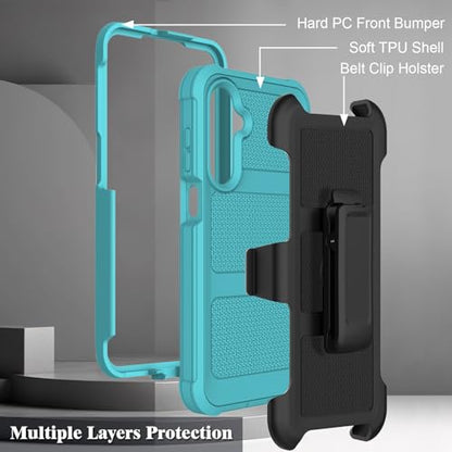 for Samsung Galaxy A16 5G Case with 2 Pack Tempered Glass Screen Protector, [Holster Series] Belt Clip Hard Tough Heavy Duty Rugged Shockproof Protective Cell Phone Case (Blue Green) - color: Blue Green