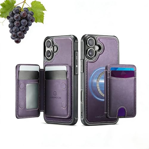 WJX for iPhone 16 MagSafe Wallet Case, 2-in-1 Detachable Luxury Card Holder, Universal MagSafe Compatible, RFID Blocking, Shockproof Kickstand Slim Cover， Grape Purple - color: Grape purple, size: iPone 16