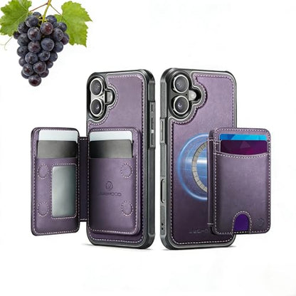 WJX for iPhone 16 MagSafe Wallet Case, 2-in-1 Detachable Luxury Card Holder, Universal MagSafe Compatible, RFID Blocking, Shockproof Kickstand Slim Cover， Grape Purple - color: Grape purple, size: iPone 16