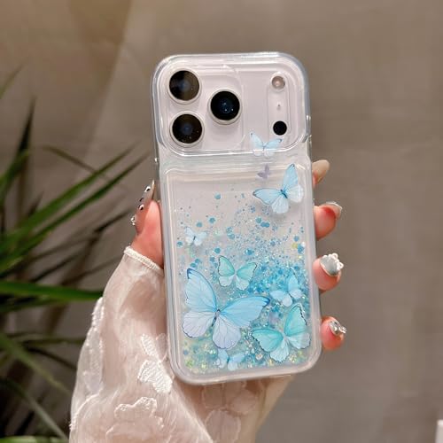 Compatible with iPhone 17 Pro Glitter Butterfly Case Glow in The Dark Women Girls Girly Bling Sparkle Flowing Quicksand Light up Soft TPU Bumper Luminous Clear Phone Cover, Pink - color: Blue, size: iPhone 17 Pro