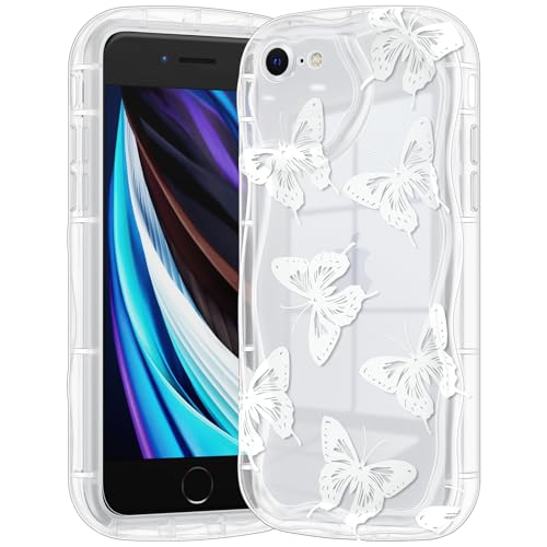 Compatible for iPhone SE/8/7 Case, Pretty Butterfly Print Three-Dimensional Wave Clear Case for Girls Women, Soft Full Package Anti-Fall Cover for iPhone SE/8/7, White Butterfly - color: White Butterfly, size: iPhone SE/8/7