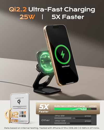 KU XIU Qi2.2 25W Magnetic Wireless Charger, Foldable 3 in 1 Travel Charging Station for iPhone 17/16/15/14/13/12, 5W for Apple Watch & AirPods, Aluminum Alloy Design, 45W GaN Adapter Included, Black - color: Black