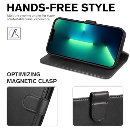 TUCCH Wallet Case for iPhone 13 Pro (6.1") 2021, 3 Card Holders, Black | RFID Blocking, Viewing Stand, Shockproof TPU Shell, PU Leather, Magnetic Closure, Protective Folio Flip Cover - color: Black