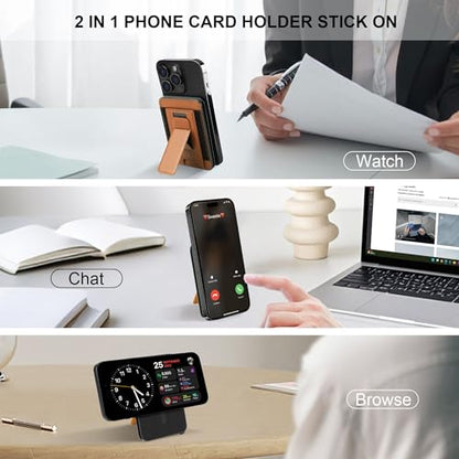 Magnetic Card Wallet for Phone,for Magsafe Wallet Quick Access to Cards,Pop up Credit Card Holder with RFID Blocking,Adjustable Phone Stand for iPhone 16/15/14/13/12 Series (Brown) - color: Leather Stand w/Elastic - Chestnut Brown