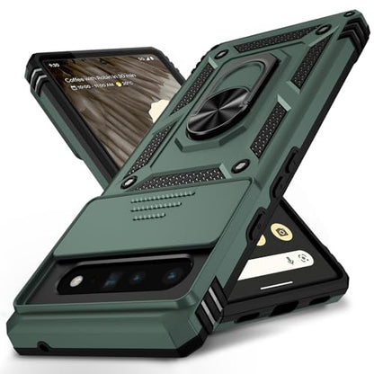 VINVE for Google Pixel 6 Pro Case with Slide Lens Cover, Military Grade Drop Protection, Magnetic Rotated Ring Holder Kickstand Protective Phone Case (Pine Green) - color: Pine Green ,Military Grade 2nd gen.