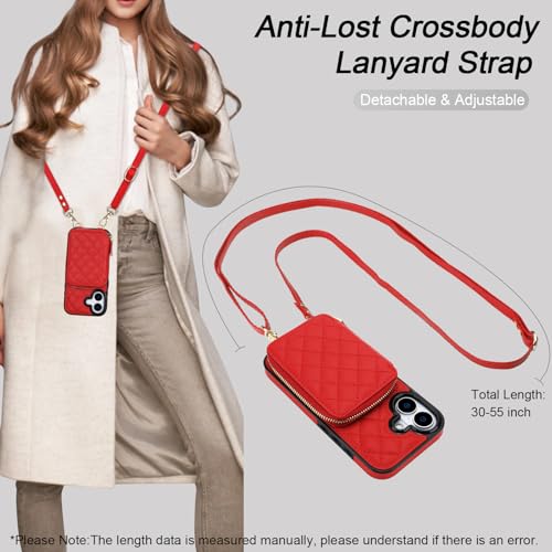 Bocasal Crossbody Wallet Case Card Holder for iPhone 17, Red | RFID Blocking PU Leather Zipper Handbag Purse, Kickstand Flip Folio Case with Card Slots Holder Wrist Strap Lanyard 6.3 Inch - color: Red