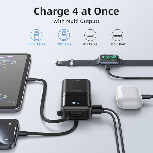 MOKiN Portable Charger, 10000mAh 30W Power Bank Fast Charging, Phone Battery Pack with Built in Cable, 4 Outputs, Travel Compact Powerbank USB C for iPhone iPad Pro MacBook Air Samsung