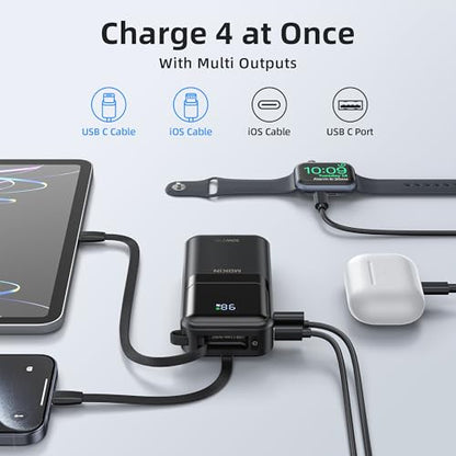 MOKiN Portable Charger, 10000mAh 30W Power Bank Fast Charging, Phone Battery Pack with Built in Cable, 4 Outputs, Travel Compact Powerbank USB C for iPhone iPad Pro MacBook Air Samsung
