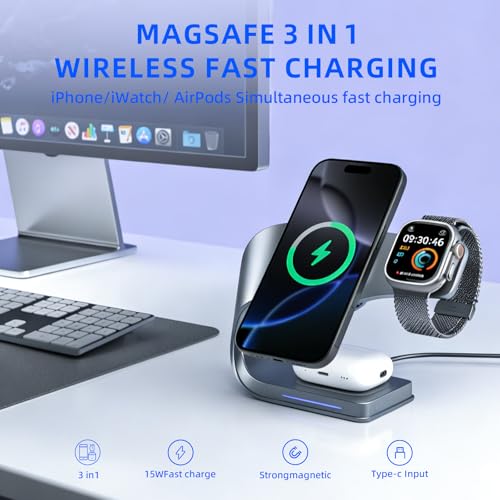 3 in 1 Wireless Charging Station with Cooling for iPhone, Watch & AirPods - color: Gray