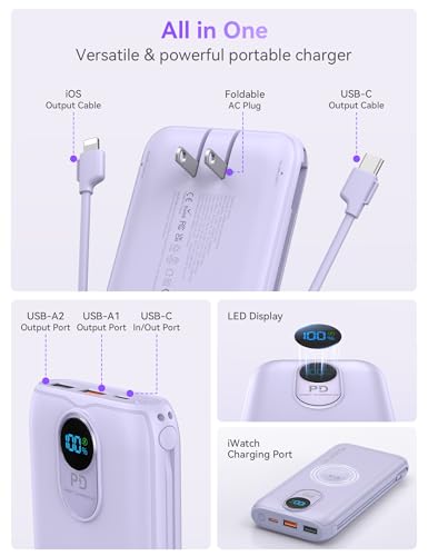 Portable Charger Power Bank 10000mAh PD20W w/Built-in Cables & AC Plug - color: Purple